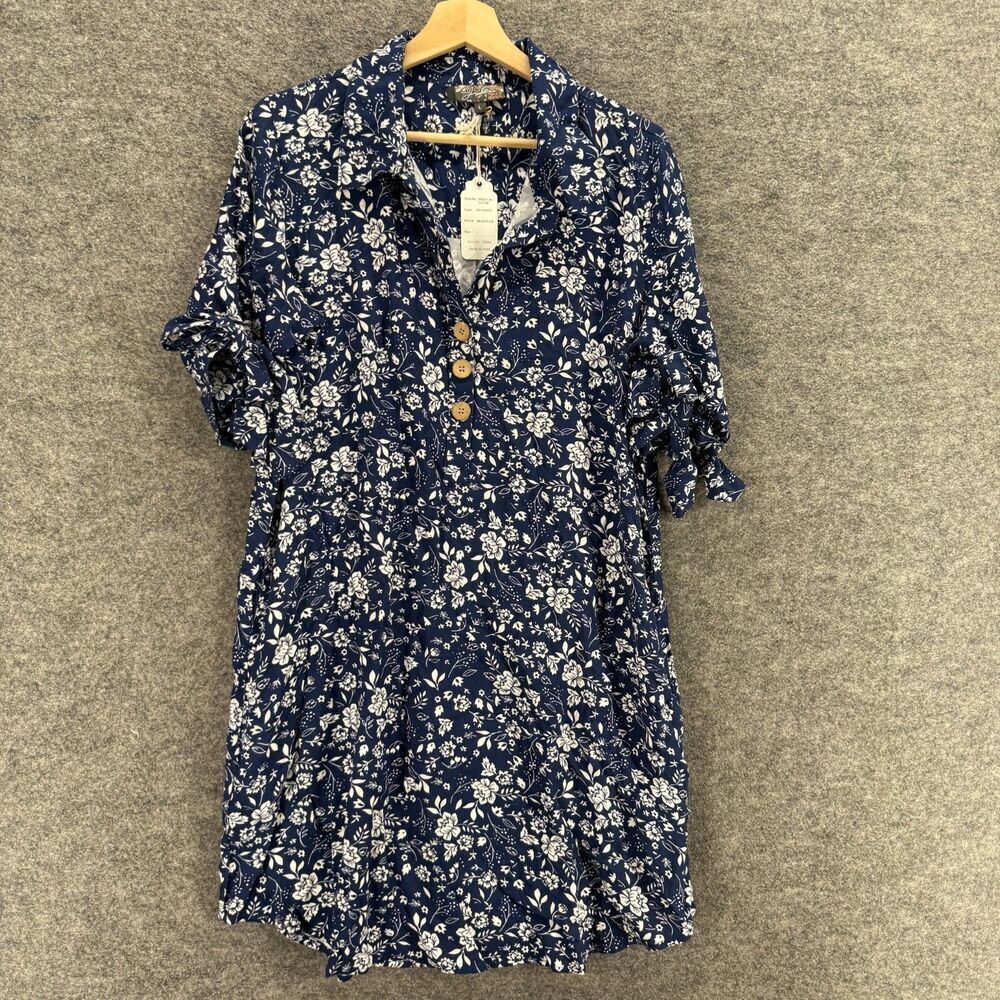New Unbranded Shirt Dress Women L Large Blue Floral Midi Collared 3/4 Sleeve